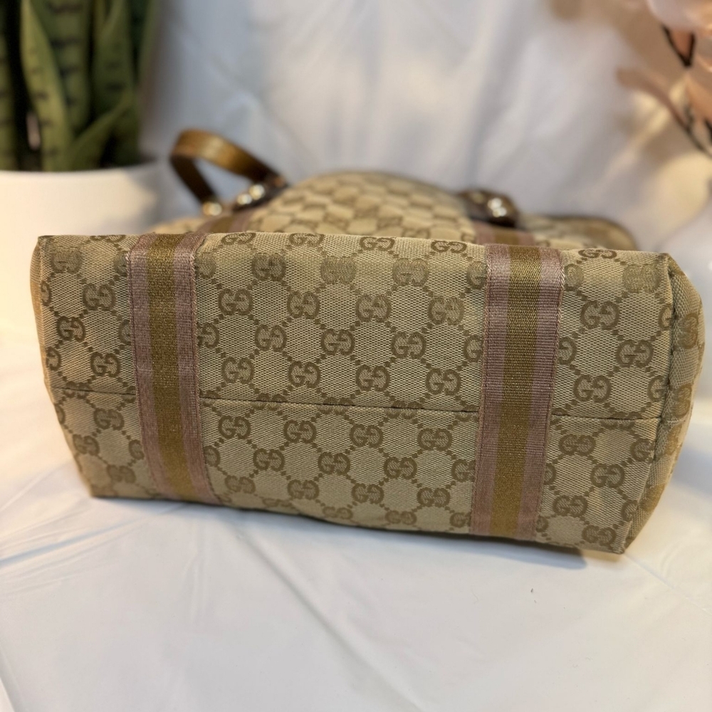 GUCCI  Monogram Charm Small Tote Pink and Tan with Metalic Gold Straps - Picture 12 of 12